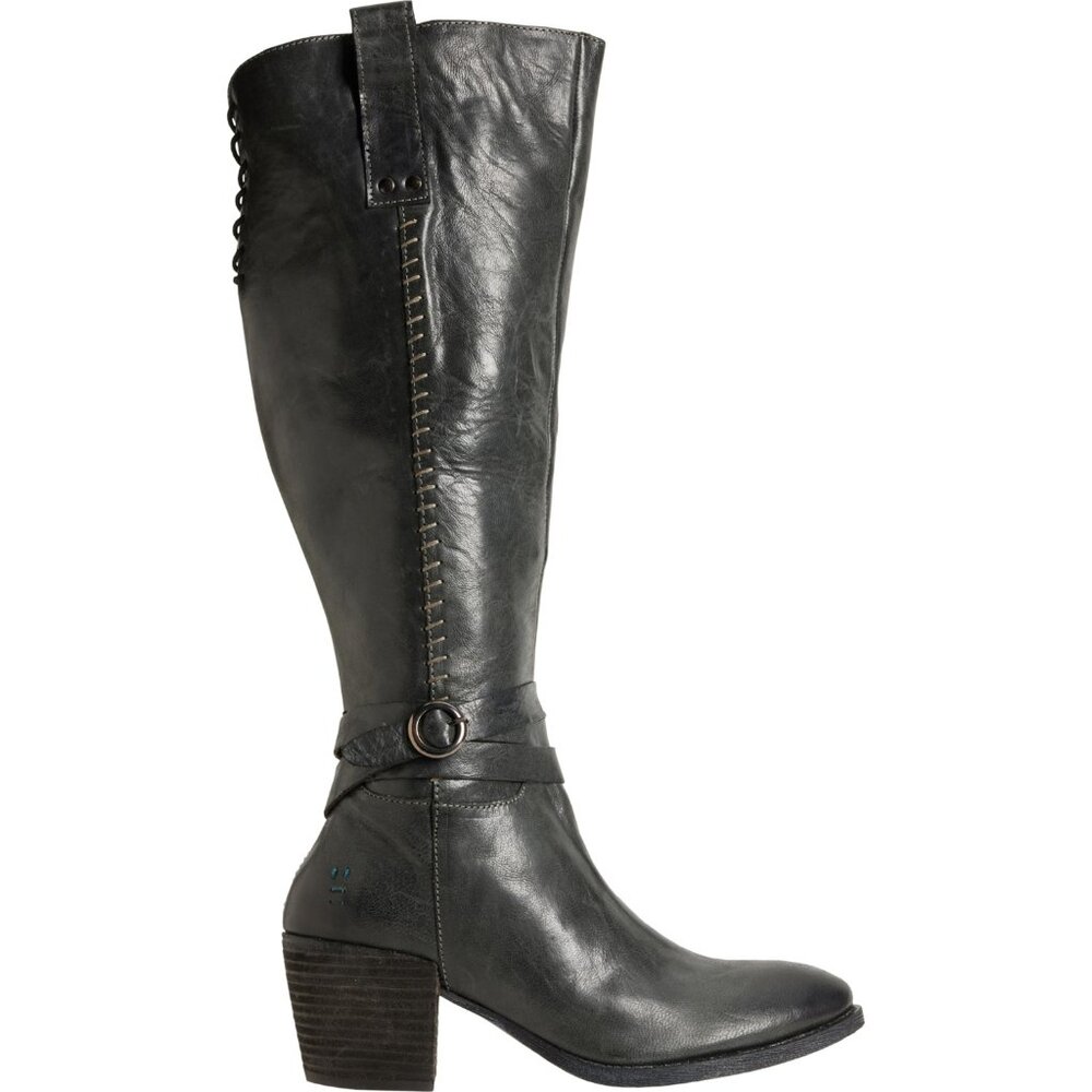 Women's Black Leather Knee-High Heeled Boots with Ring Strap